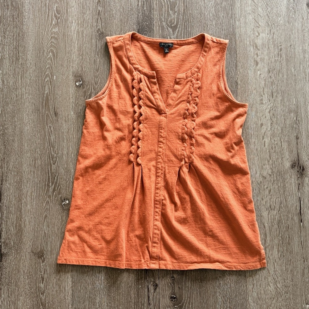 Talbots M Women's Cotton Sleeveless Top V-neck Zig Zag Accent Deep Orange